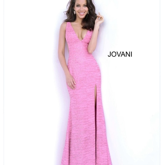 Jovani Royal V Neck Fitted Gown Dresss Hot Pink Metallic Shimmer Prom Wedding - Picture 12 of 16